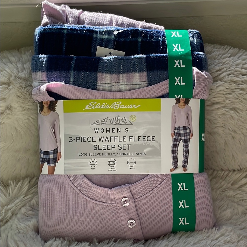Eddie Bauer Women's 3-Piece Waffle Fleece Sleep Set - Purple and Blue
